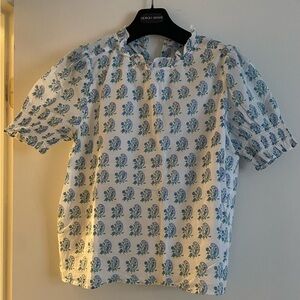 J. Crew White and Blue Block Print Blouse